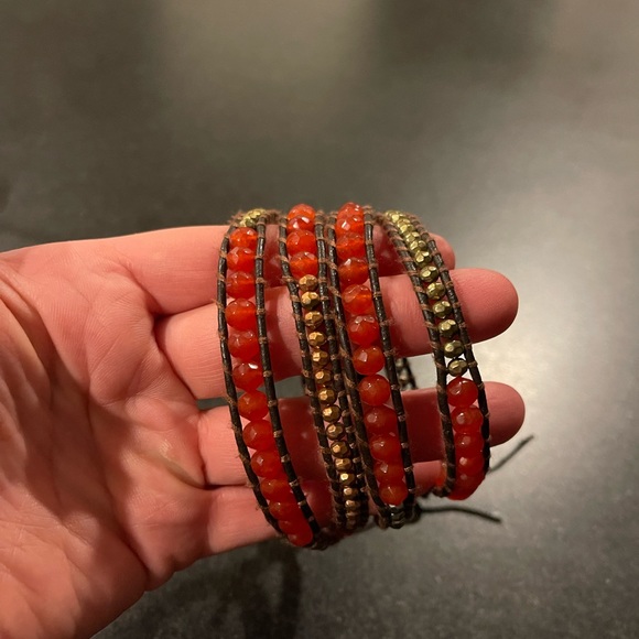 Red and Jet Bronze Sectioned Wrap Bracelet on Natural Grey Leather by Linda Chan - Picture 3 of 6